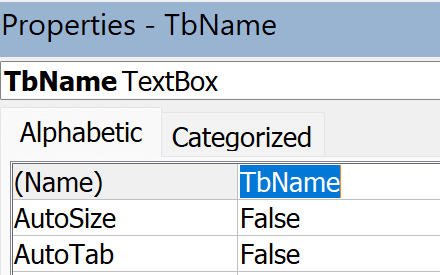 Forms With Vba In Excel example showing click “(name)” and type tbname:
