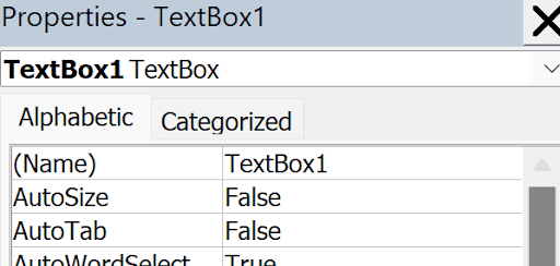 Forms With Vba In Excel example showing in the properties – if i click the name textbox, the propert