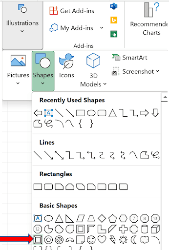 Forms With Vba In Excel example showing on the insert tab, illustrations, shapes (yours may look a l