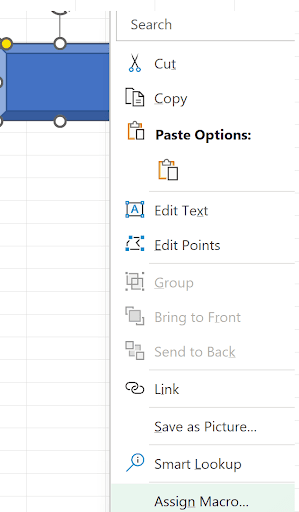 Forms With Vba In Excel example showing right-click, select assign macro: