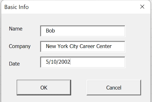 Forms With Vba In Excel example showing fill out the form and click ok: