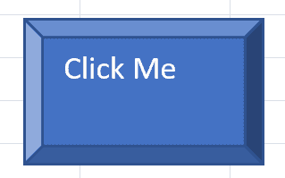 Screenshot of a blue, three-dimensional rectangular button labeled 'Click Me' in a Microsoft Excel worksheet.