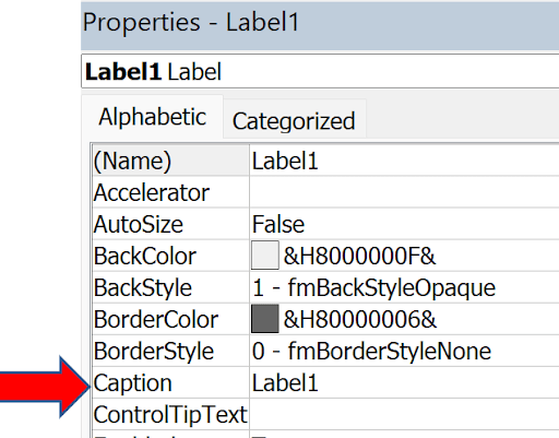 Forms With Vba In Excel example showing while this is still selected, the properties shows this: