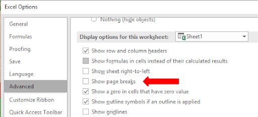 Intro To Excel Page Layout 1 example showing if you scroll about 3/4 the way down, you’ll see this checkb