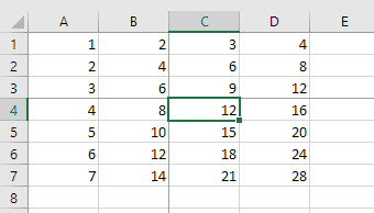 Screenshot of an Excel worksheet with numeric data in columns A through E, showing sequences of ascending numbers organized into rows and columns.