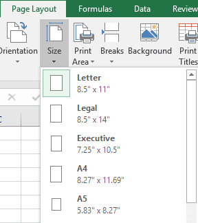 Intro To Excel Page Layout 1 example showing paper sizes: