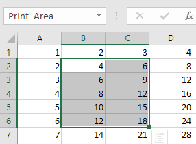 Intro To Excel Page Layout 1 example showing if you do set the print area, then a name, “print_area” is c