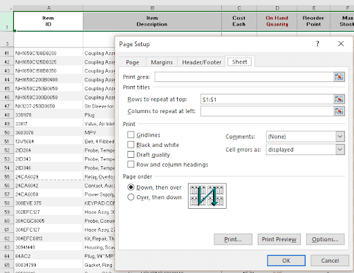 Intro To Excel Page Layout 2 example showing when you click this command, you get this dialog: