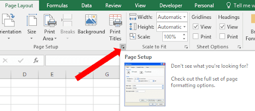 Intro To Excel Page Layout 2 example showing be seen by clicking the little “dialog launcher” arrow under
