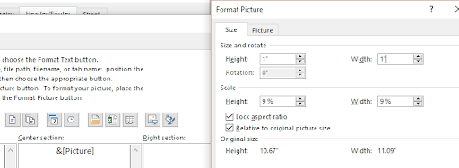 Insert Picture dialog in Custom Header with company logo selected