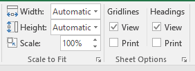 Excel Page Layout tab Scale to Fit group with Width, Height, and Scale options