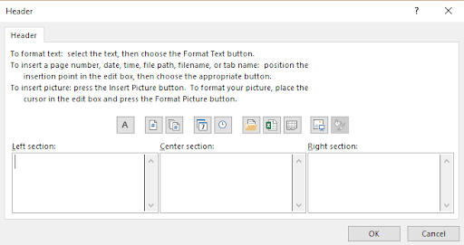 Custom Header dialog in Excel with left, center, and right sections