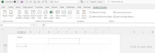 Page Layout view with Add Header area selected and Header editing tools visible