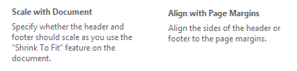 Header and Footer ribbon tab with formatting icons and checkbox options