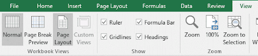 Screenshot of the Microsoft Excel ribbon on the View tab, displaying workbook view options (Normal, Page Break Preview, Page Layout), checkboxes for Ruler, Formula Bar, Gridlines, and Headings, along with Zoom controls (100% and Zoom to Selection).