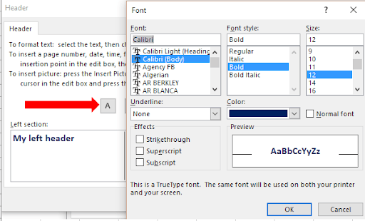 Custom Header dialog showing formatted text and Font dialog result