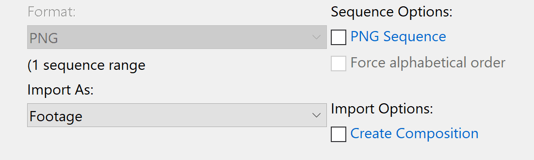 After Effects Import File dialog with PNG Sequence unchecked and Import As set to Footage