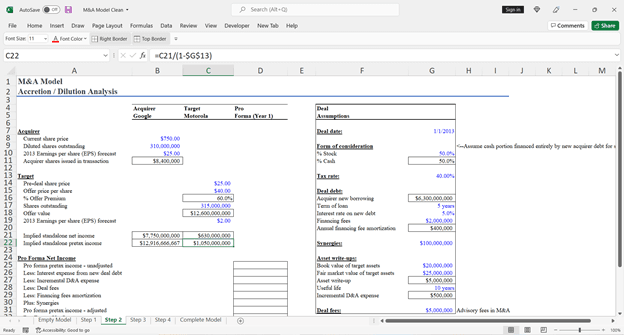 M&A model income statement with combined revenue and expense projections