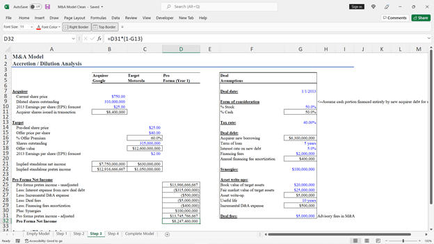 Mergers and acquisitions financial model spreadsheet overview