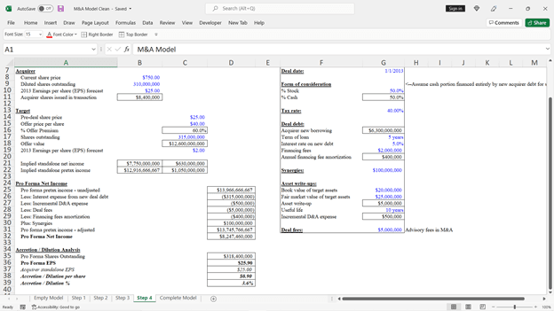 Screenshot of a Microsoft Excel workbook labeled 'M&A Model, ' displaying an acquisition scenario with line items for purchase price, new share issuance, synergy assumptions, financing terms, interest rates, and transaction fees, culminating in calculations for overall deal costs and outcomes.