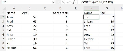 Excel SORTBY function sorting data by a specified column or criteria