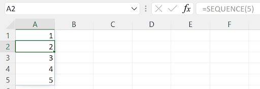 Excel SEQUENCE function generating a dynamic array of sequential numbers