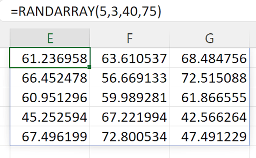 Excel RANDARRAY function generating random numbers in a spill range