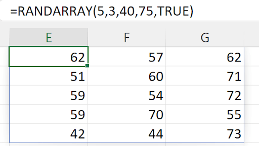 Screenshot of a Microsoft Excel worksheet using the formula =RANDARRAY(5,3,40,75, TRUE), displaying random integer values in columns E, F, and G.