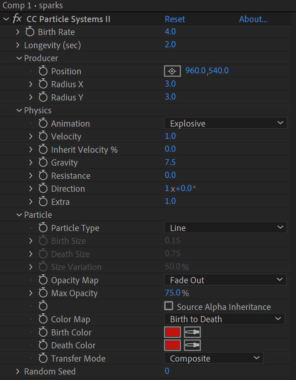 After Effects particle color and opacity gradient settings