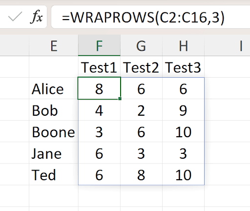 Excel WRAPROWS function reshaping a single row into multiple rows