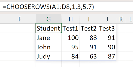 Excel CHOOSEROWS function selecting specific rows from a range by index