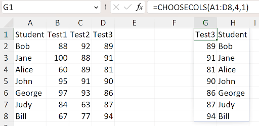 Excel CHOOSECOLS function selecting and rearranging specific columns from a range