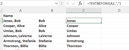 Screenshot of an Excel worksheet with a list of names in the 'LastName, FirstName' format in column A. Column C uses a TEXTBEFORE formula (e.g., =TEXTBEFORE(A2, ', ')) to extract and display only the last names such as 'Jones' from 'Jones, Bob.'