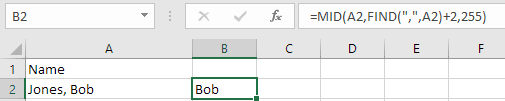 Excel FIND function locating the space character between first and last names