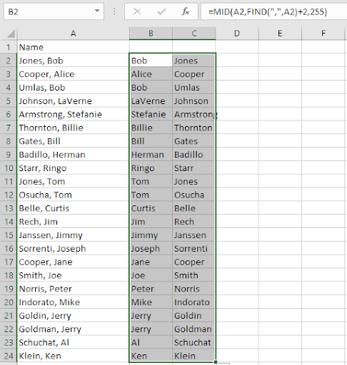 Excel name separation formula - step 7