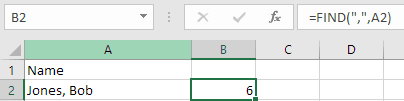 Excel FIND function locating the space character between first and last names