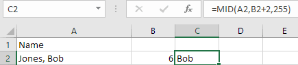 Excel MID function extracting a middle portion of a name string
