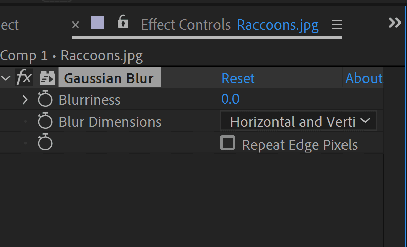 After Effects Gaussian Blur effect controls panel with blurriness settings