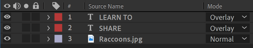After Effects layers panel showing text layers with Overlay blending mode