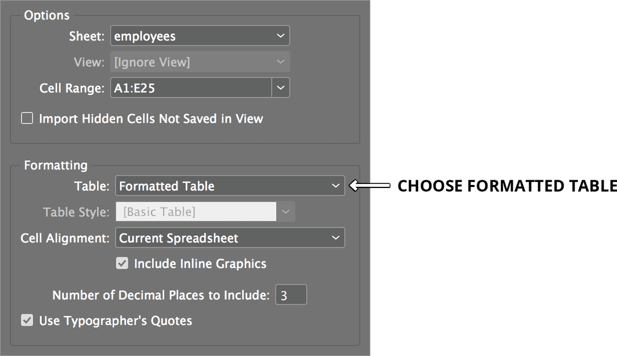 table import options