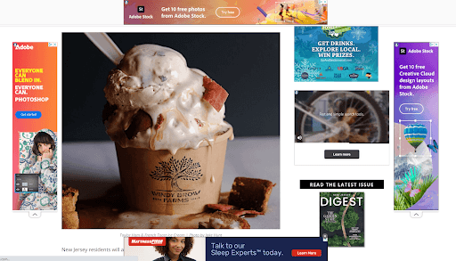 Screenshot of a webpage featuring a large scoop of ice cream with bread chunks in a brown cup labeled 'Windy Brow Farms,' surrounded by Adobe Stock banner ads.