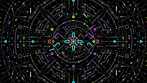Intricate geometric mandala-like design with brightly colored lines, dots, and shapes arranged in concentric circles on a black background, creating a vibrant, circuit-inspired pattern.