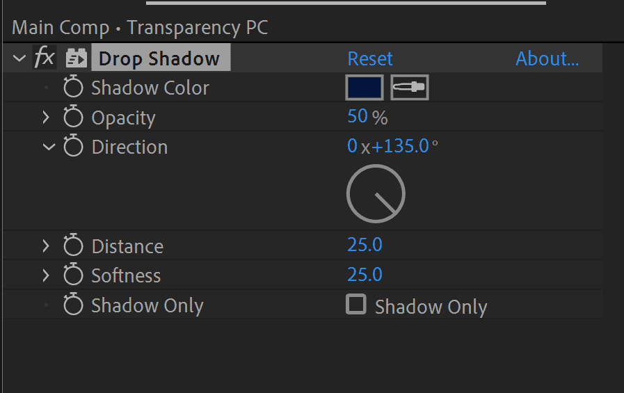 After Effects Drop Shadow effect controls showing shadow color, distance, and softness settings