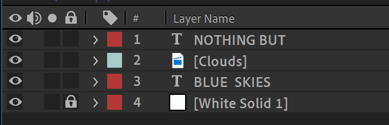 After Effects layers panel showing text, footage, and solid layers arrangement