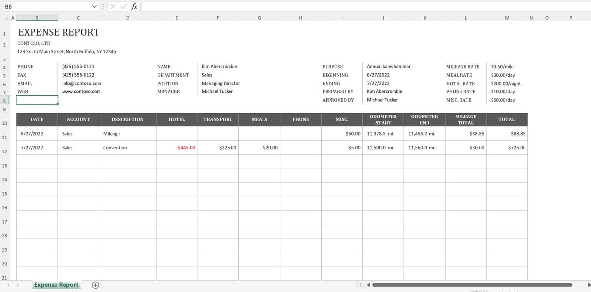 Excel Business Expense Report template with sample data in rows and columns