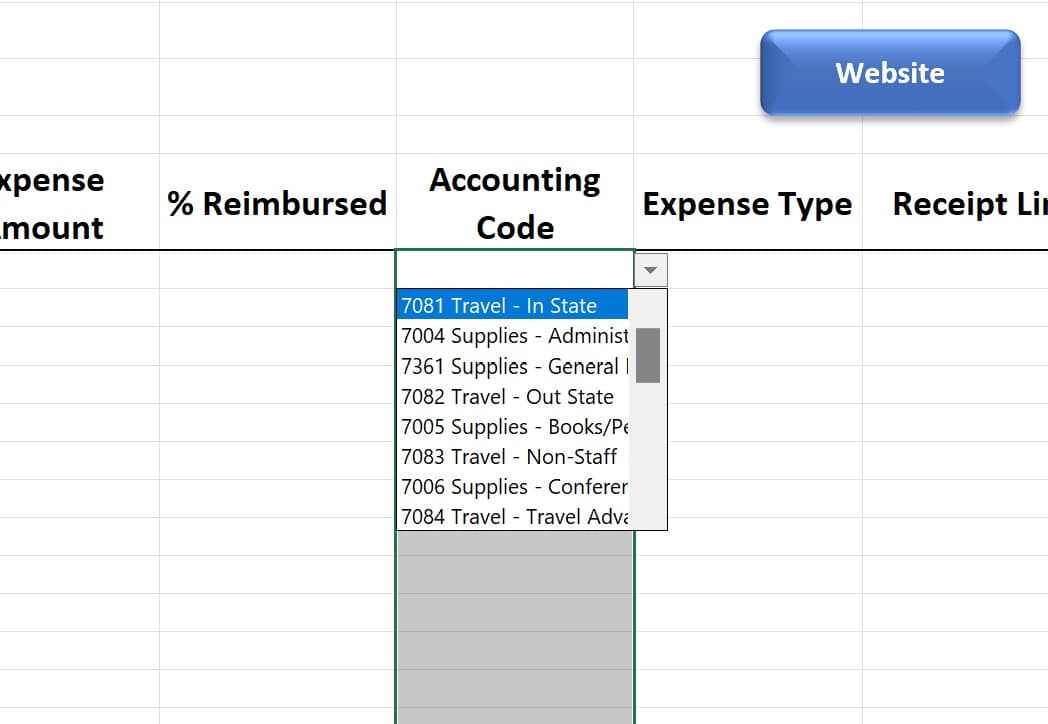 Excel dropdown list populated with accounting expense codes from the Data Sources sheet