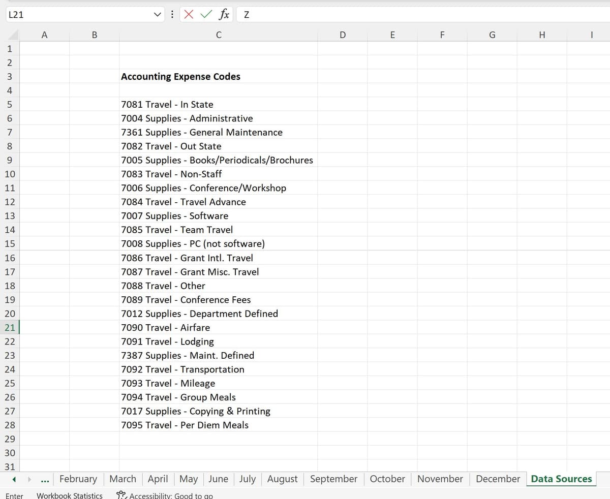 Separate Data Sources sheet in Excel with accounting expense codes listed in a column
