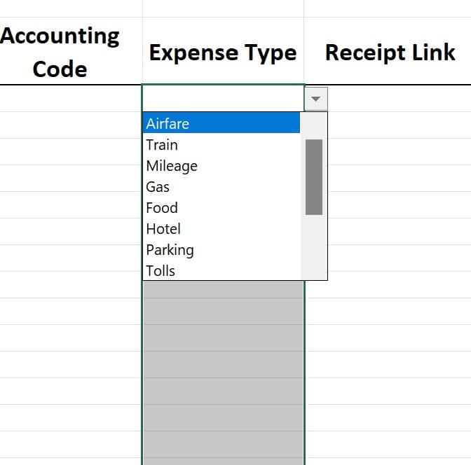 Excel dropdown list in use showing selectable expense type categories