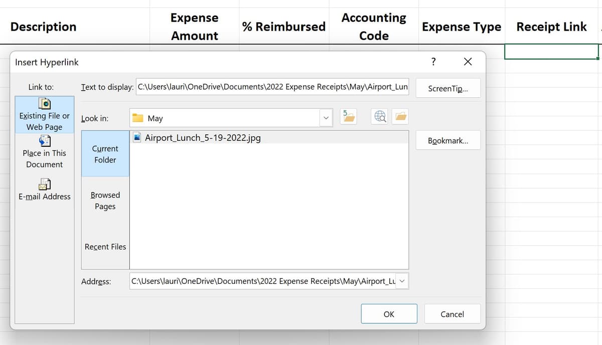 Excel Insert Hyperlink dialog box navigating to a folder containing receipt images