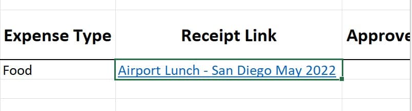 Excel cell showing an active hyperlink to a receipt image for the corresponding expense